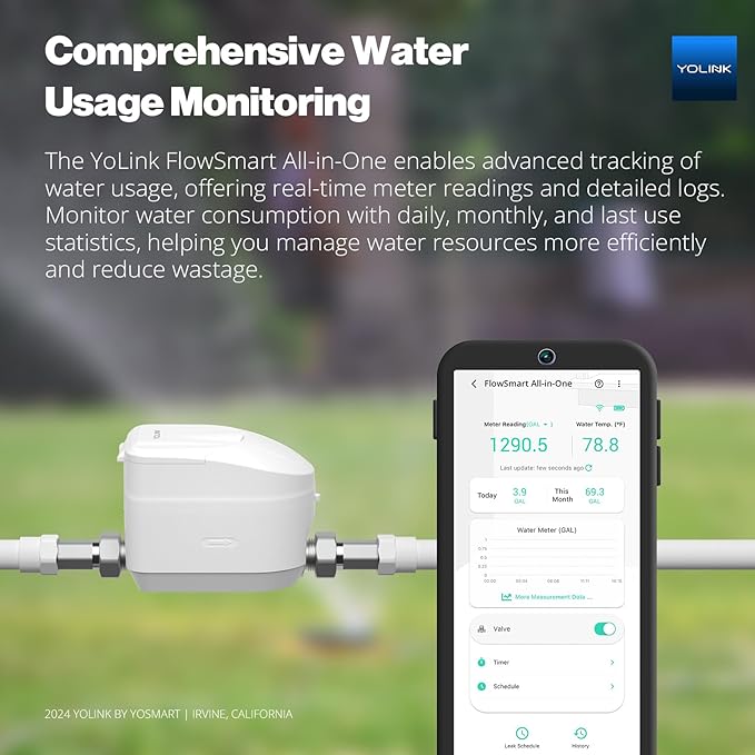 NSF Certified YoLink FlowSmart All-in-One Smart Water Meter & Auto Shutoff for 1/2" Pipes, LoRa Long-Range, Real-Time Leak Detection, 10-Year Battery, 80+ Device Ecosystem, Hub Required
