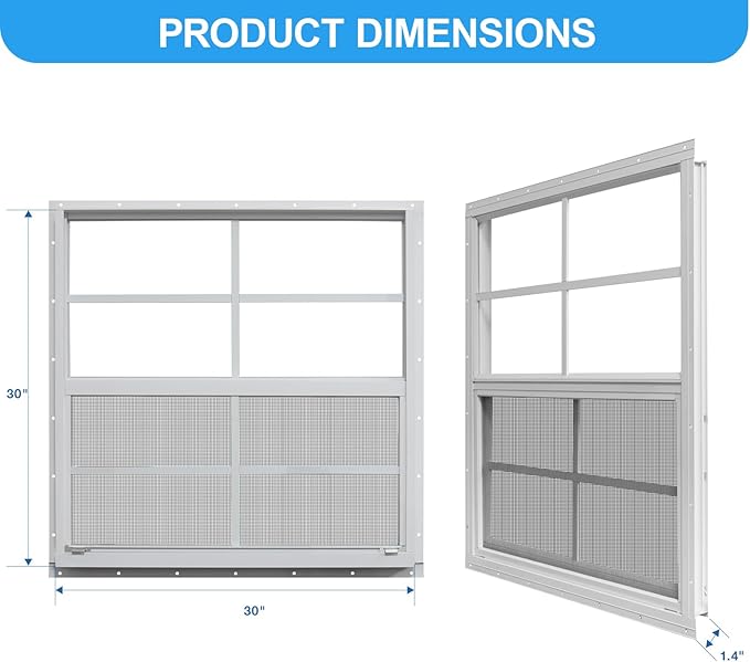 NeatiEase Upgraded Shed Windows 2 Pack, 30" x 30" Windows with Tempered Glass and Stainless Steel Screen for Shed, Chicken Coop, Playhouse, Household, Garage(White)