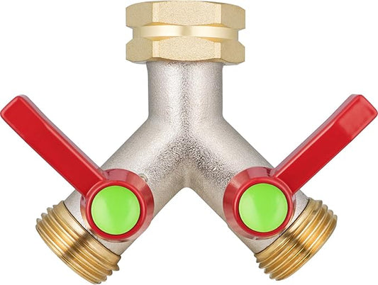 Hose Splitter 2 Way,High flow Garden Hose Splitters, Y Splitter 2 Valves, Faucet Splitter, 2 Way Heavy Duty Brass Splitter, Outdoor Faucet Diverter, Y Valve 3/4" GHT Thread.