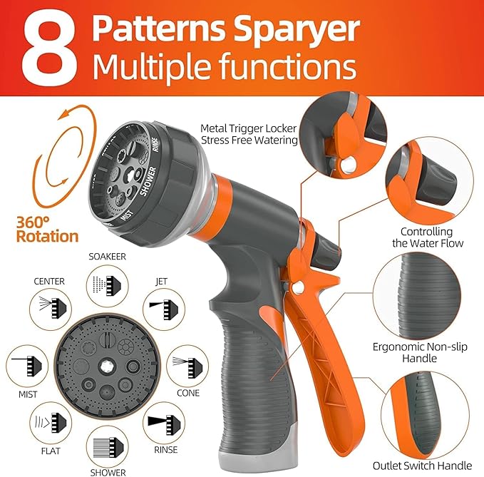 SPECILITE Garden Water Hose 150 ft x 3/4 in Heavy Duty, Flexible and Lightweight, Burst 600 psi, Kink-less Hybrid Rubber Pipe for Backyard, 3/4'' Brass Fittings, Orange