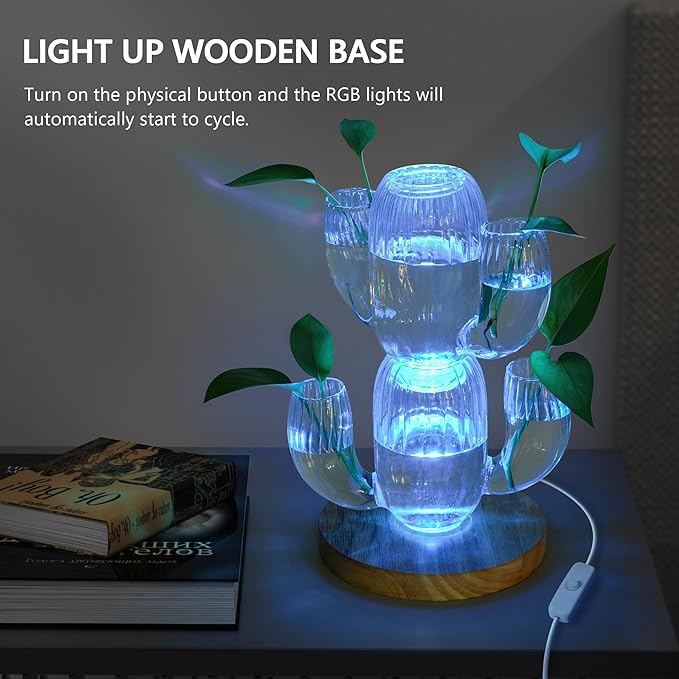 Lighted Plant Propagation Station with LED RGB Lights, 2 Glass Cactus Vases, Oak Wooden Base, Physical Push Button Control with USB Cables, Unique Gift for Plant Lovers