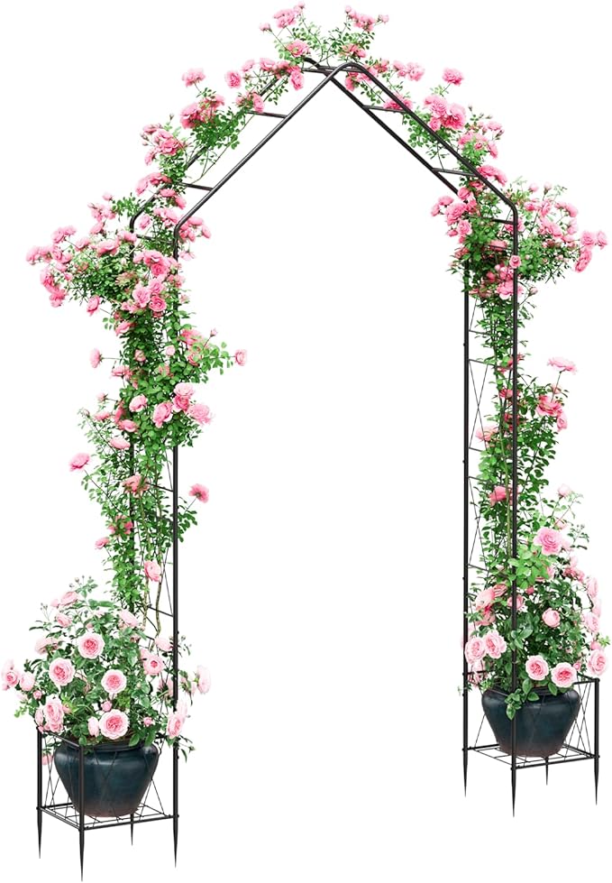 Garden Arch Trellis for Climbing Plants Outdoor 7.6Ft Metal Garden Arbor Archway with Planter Decorations Wedding Arch Backdrop Stand for Ceremony Christmas Party Backyard and Patio, Black