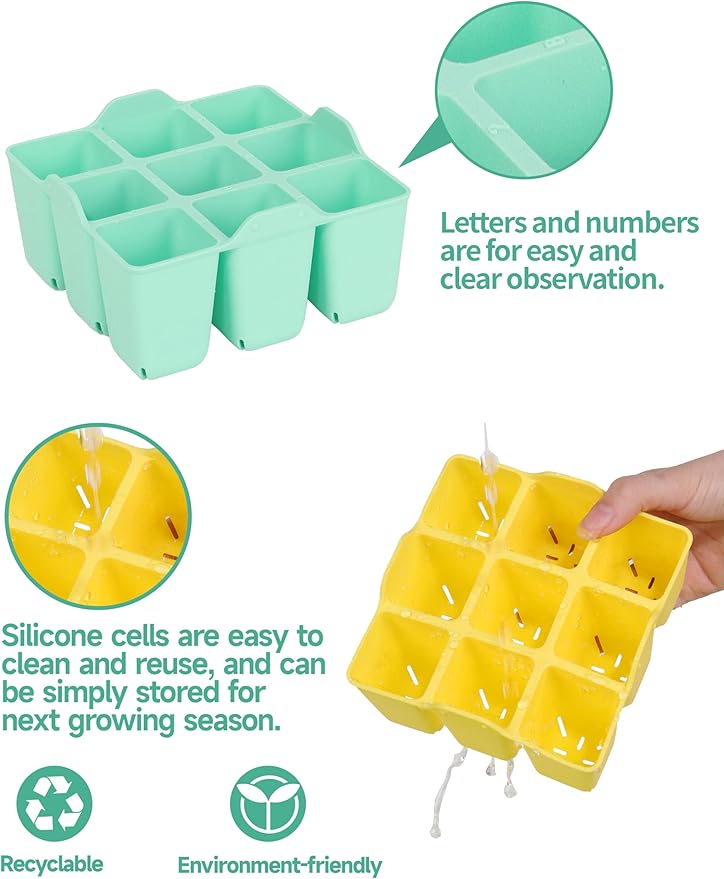 8 Packs Colorful Seedling Starter Trays, Silicone Seed Starter Trays Suitable for 10" 10" Planting Trays, BPA-Free & Dishwasher Safe, Indoor Gardening Plant Germination Trays