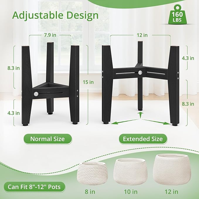 LUE BONA HDPS Plant Stand Indoor Outdoor, Adjustable Mid Century Modern Stand for Plants 8-12 Inch Pots, Black