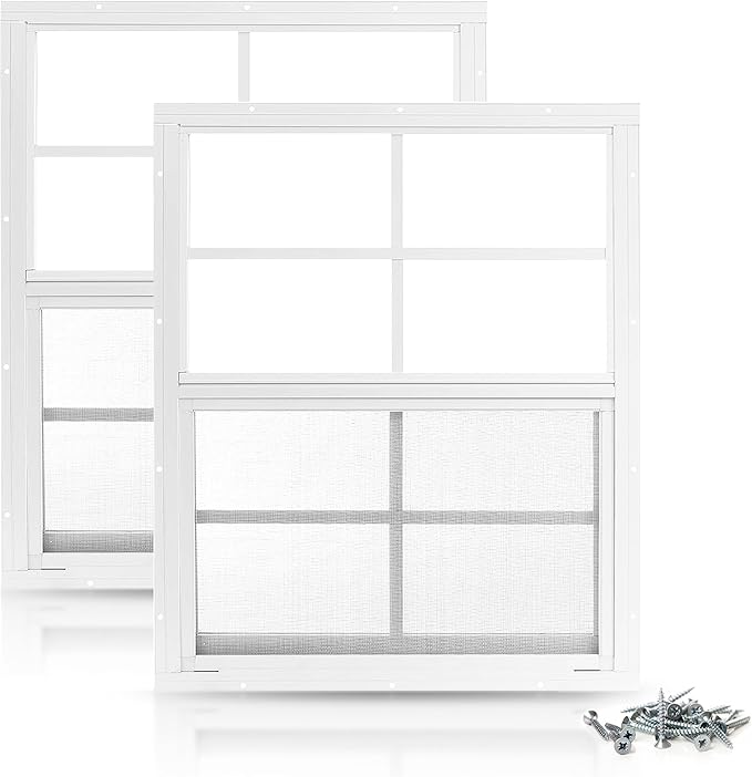 PRO FLEX 2 Pack Shed Window 24" x 36" - Ultra Thick White Aluminum Flush Mount with Tempered Glass and Screen - Shed Windows with Vertical Slider and Screws for Chicken Coop, Sheds, Barns, Playhouses