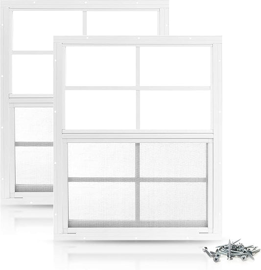 PRO FLEX 2 Pack Shed Window 24" x 36" - Ultra Thick White Aluminum Flush Mount with Tempered Glass and Screen - Shed Windows with Vertical Slider and Screws for Chicken Coop, Sheds, Barns, Playhouses