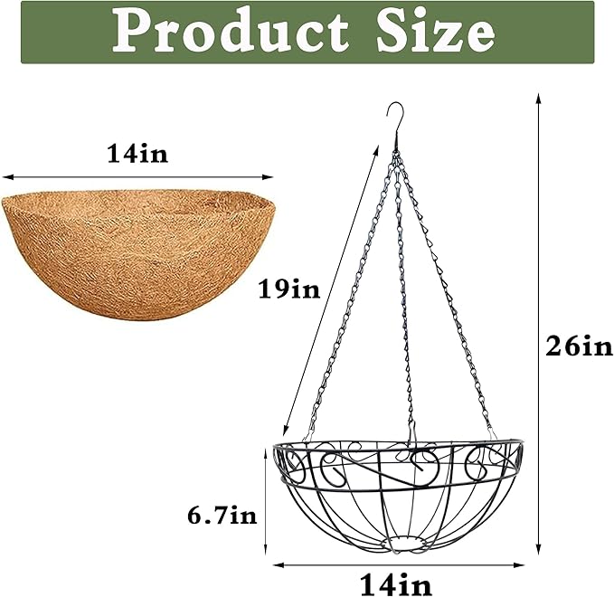 14 Inch Hanging Planters (4 Pack) - Round Metal Baskets with Cocoa Liners for Indoor/Outdoor Gardens, Porch & Patio Decor（HB）