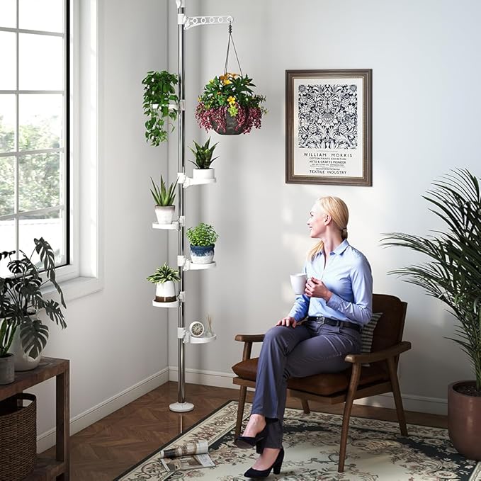 Hershii 7-Layer Tension Pole Plant Stand Indoor Decorative Display Rack Stands for Flower Pots Floor to Ceiling Adjustable Hanging Corner Shelf