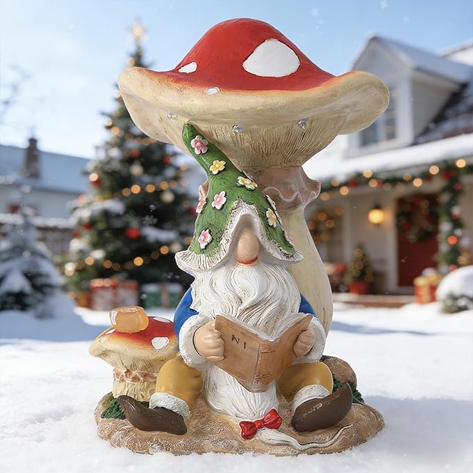 Christmas Gnomes Outdoor Statue Gnome Reading Under Mushroom with 5 LED Solar Figurine for Lawn,Patio,Balcony,Yard Decor Unique for Grandfather, Father,Grandma,Wen