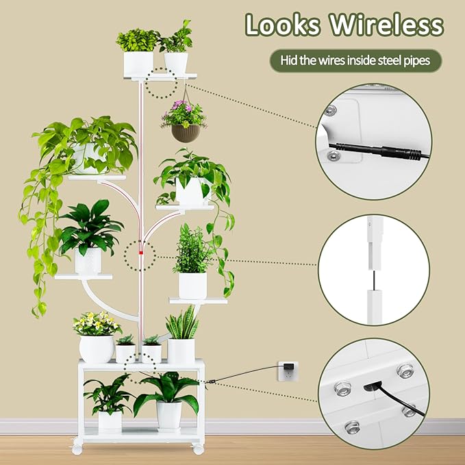 Plant Stand Indoor with Grow Lights, 60" Tall 7-Tier Corner Plant Stand for Indoor Plants Growing, Metal Tree-Shaped Display Rack for Home, Patio - White