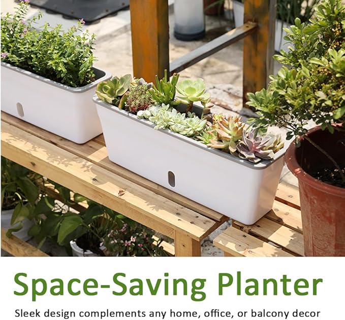 Self Watering Pots for Indoor Plants Outdoor, Rectangular Planter Window box 16.5 Inch 2 Pack, Water Level Window Prevents Overwatering for Herbs Strawberry Succulents Vegetable Basil Flower Garden