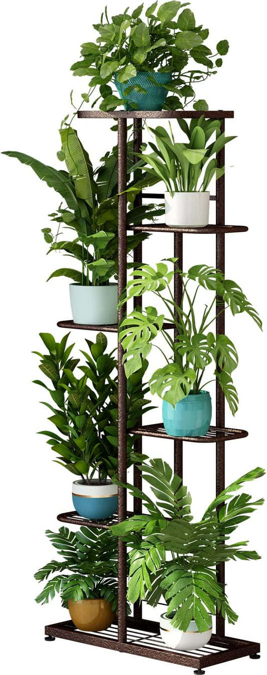 LINZINAR Plant Stand Metal 6 Tier 7 Potted Multiple Flower Pot Holder Shelf Indoor Outdoor Planter Display Shelving Unit for Patio Garden Corner Balcony Living Room Bronze