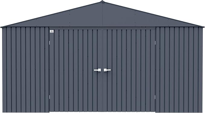 Arrow Shed Elite 14' x 16' Tall Outdoor Steel Storage Shed with High Gable and Lockable Doors Storage Building, Anthracite