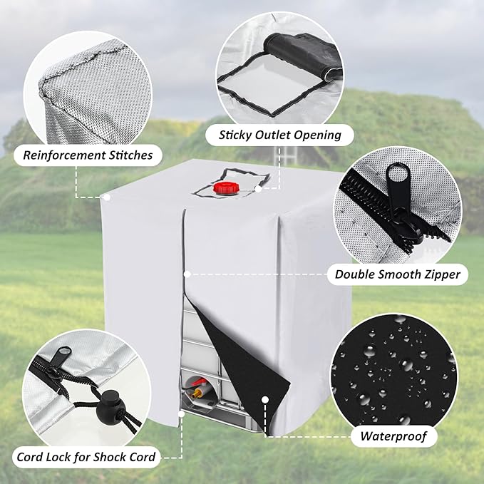 MECCANIXITY Zipper IBC Tote Cover 275 Gallon, 210D Oxford Waterproof Sunshade Rain Barrel Water Tank Protective Cover for 1000L Outdoor Garden, (39.37 x 47.24 x 45.66 Inch, Silver)
