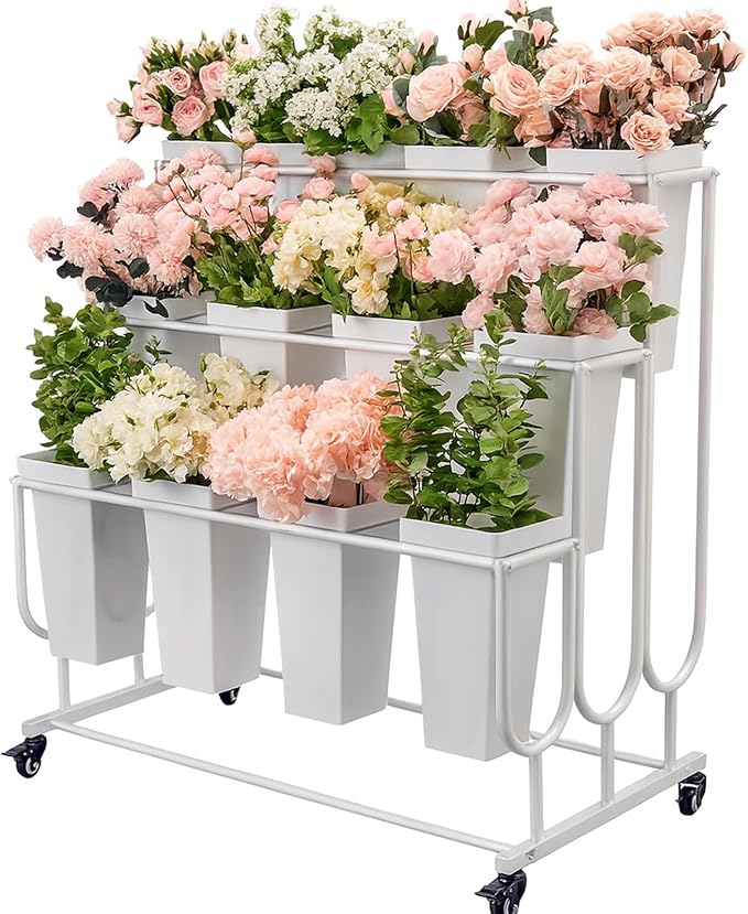 Dyale Flower Display Stand Frame, 3-Tier Flower Cart with Wheels, Metal Floral Display Rack , Moving Florist Bouquet Shelf for Shop ,Flower Bar, Events (White - 3 Tier)