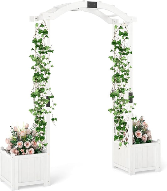Happygrill Garden Arbor with Planter Boxes, Outdoor Wedding Arch with Trellis for Climbing Plants Vine Vegetables Herbs, Wooden Arbor Archway for Ceremony, Party (White)