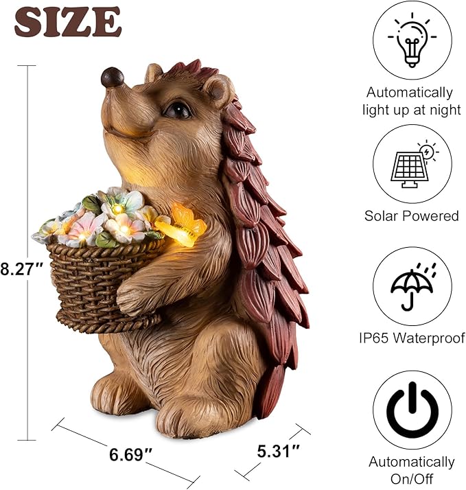 Solar Hedgehog Garden Statues Outdoor with Solar Lantern – Hedgehog Yard Decor, Waterproof Resin Figurine Pathway Light for Lawn & Patio