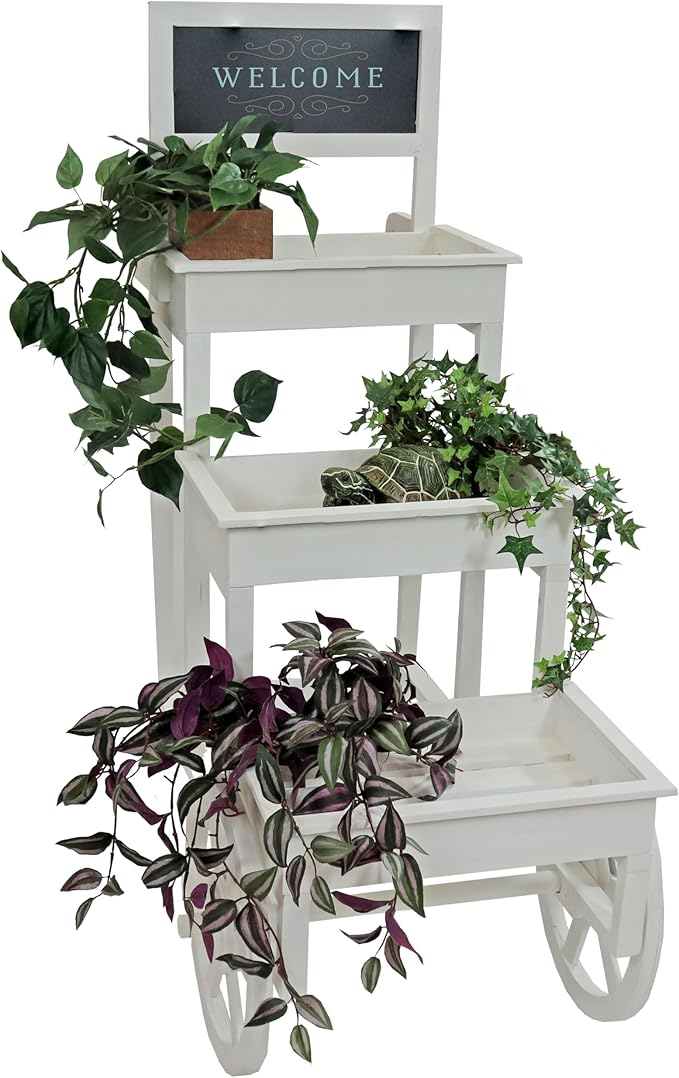 Sunnydaze 3-Tiered Flower Cart Display Stand with Wheels - Flower Display Stand or Planter - Wooden Cart with Chalkboard - White