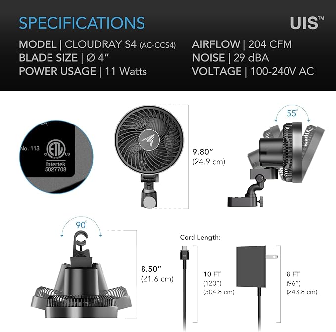 AC Infinity CLOUDRAY S4, Ultra-Compact Grow Tent Clip Fan 4”, Precision 10 Dynamic Wind Speeds, 10-Level Oscillation, Weatherproof IP-54, Specialized High-Velocity Circulation for Small Grow Spaces