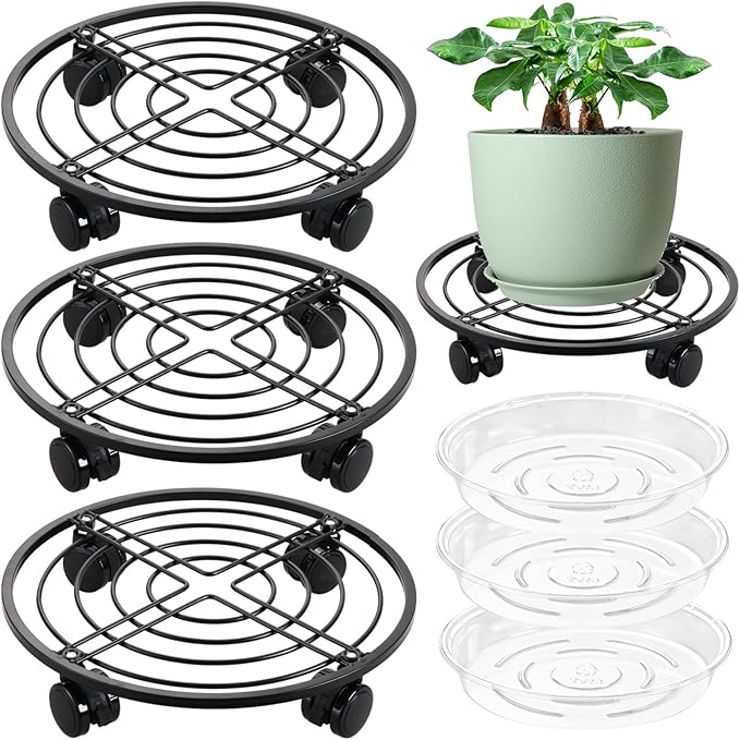 12" Metal Plant Caddy with Wheels 3 Packs Large Rolling Plant Stands Indoor Wheeled Plant Dolly Heavy-duty Planter Mover Roller Base Outdoor Plant Trolley Cart Water-proof, Plant Saucers on Wheels