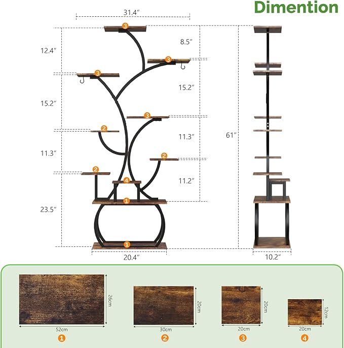 VINGLI 61" Tall Plant Stand with Grow Light, 10-Tier Indoor Plant Shelf with LED Light Strips, Tree-Shaped Metal Rack for Indoor Growing, Black