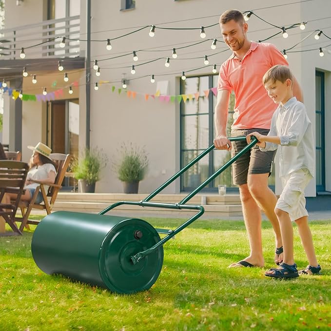 VINGLI Lawn Roller Water Filled Pull Behind 20inch Garden Drum Roller Push/Tow Behind, Water/Sand Filled Roller for Garden, Lawn, Backyard (24 inch, Green)