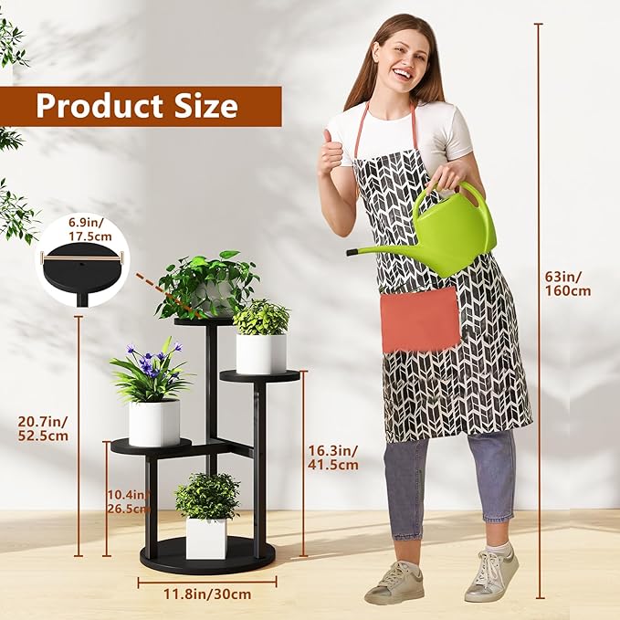IBUYKE 4 Tier Plant Stand Indoor, Metal Wood Plant Shelf for Multiple Plants, Small Tiered Corner Flower Pot Stand for Living Room Patio Balcony Garden, Black TMJ073B