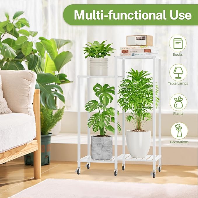iDavosic.ly 4 Tier Plant Stand Indoor with Wheels, Metal Tiered Corner Flower Holder Shelf Outdoor for Large Pots, Tall Rolling Rack for Patio Porch Garden Balcony Living Room, White