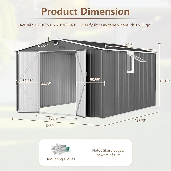 10x12 FT Outdoor Storage Shed, Metal Garden Shed - Tool Storage Sheds with Lockable Doors & 1 Vented Clear Window, Waterproof Outside Storage Building for Backyard, Patio (Black; Floor Not Included)