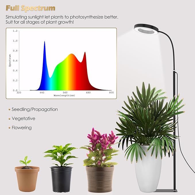 GLOWRIUM Grow Lights for Indoor Plants, Full Spectrum LED Grow Light Floor Lamp with Stand Adjustable Height and Angle, Black Plant Light with 3/9/12H Grow Light Timer (Black, 20W)