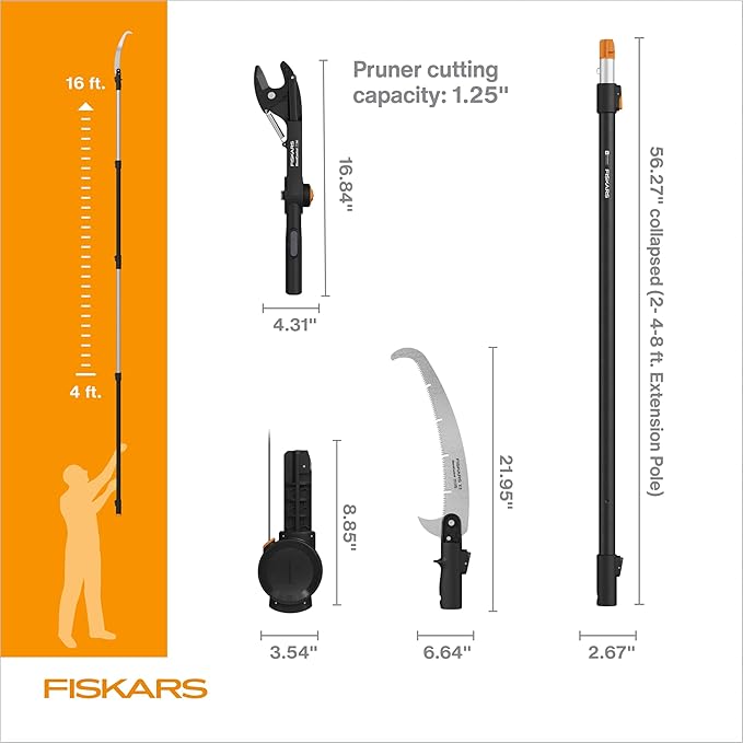 Fiskars XtendControl Extendable Tree Pruner (12 ft), Pole Saw, Adjustable Branch Trimmer with 15" X1 Saw, 3-6 ft Extension Poles, and Secure Locking System for Precision Cutting