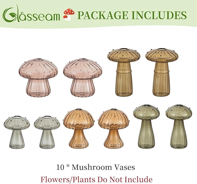 Glasseam Colored Mushroom Plant Terrarium: Glasseam Hand-Blown Glass Propagation Stations - Small Hydroponic Jars for Home Table Window Autumn Decor - Gifts for Plant Lovers (10Pcs)