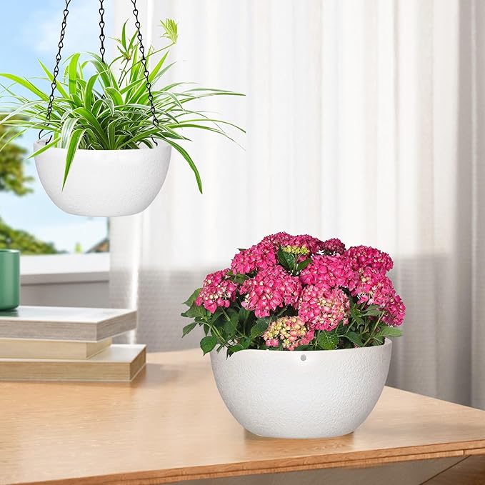 8 inch Hanging Planters for Indoor Outdoor Plants, 2 Pack Pots with Drainage Holes and Chain, Plastic Flower Pots for Garden Home Decor, White