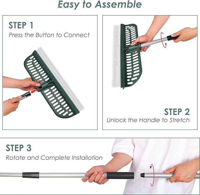 ORIENTOOLS Garden Leaf Rake 2 in 1 Turf Rake for Artificial Grass and Lawn with Telescopic Steel Handle, 49" to 63" Long