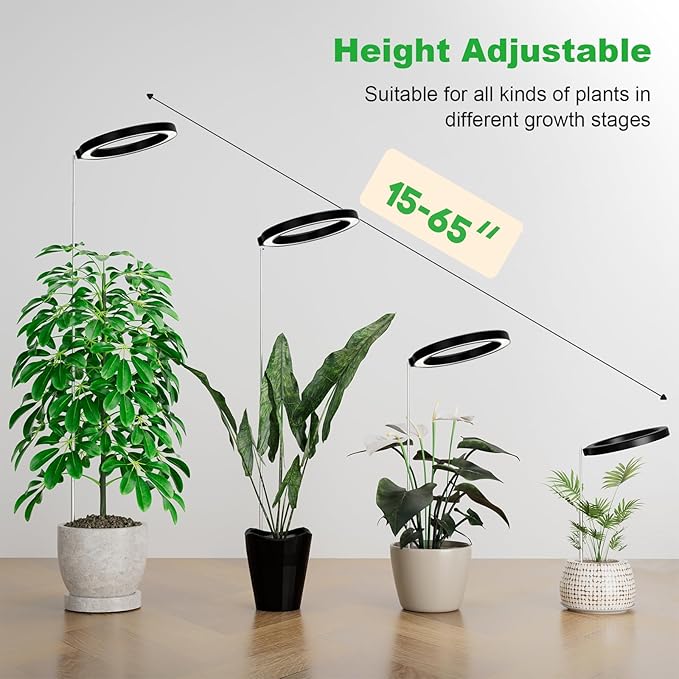 12" Grow Lights for Large Indoor Plants, Full Spectrum Indoor Plant Lights for Indoor Growing,Height Adjustable 15"-65",Timer Auto On/Off 3/9/12H,9 Brightness,Led Tall Halo Grow Light for House Plants