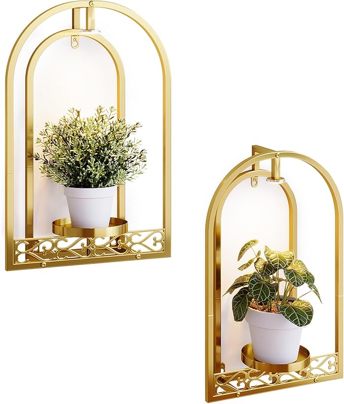 Wall Planter Holder with Light, Metal Arch Frame Hanging Plant Stand with Grow Lights, Modern Black Iron Wall Decor for Indoor Outdoor Living Room, Balcony & Garden 2 Pack Golden