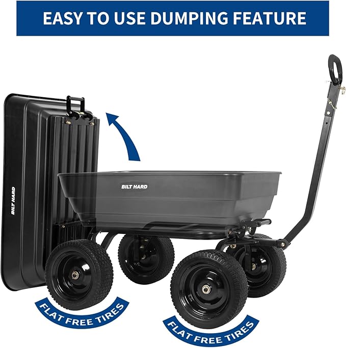 BILT HARD 7 Cu Ft Poly Garden Dump Cart 1200 lbs with No Flat Tires, Quick Release, 2-in-1 Convertible Handle, Dump Wagon Heavy Duty for Yard, Outdoor