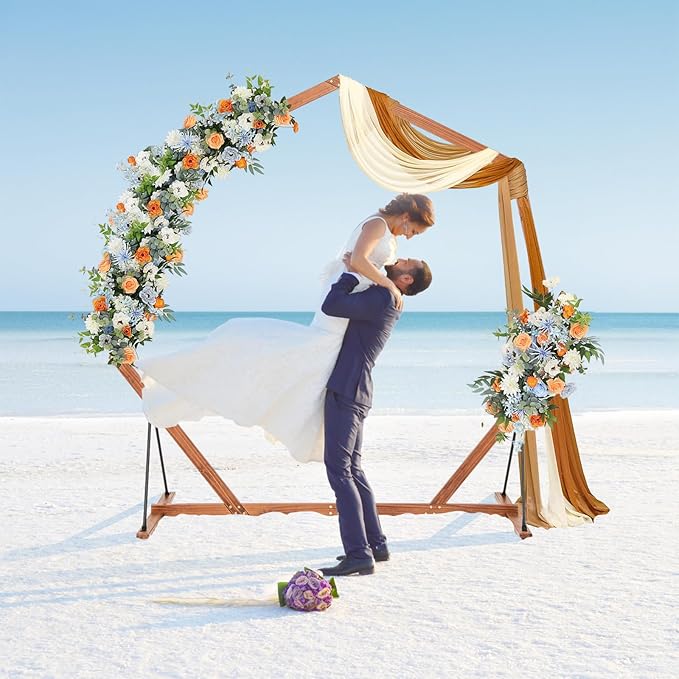 S AFSTAR 7FT Heptagon Wedding Arch, Wood Backdrop Stand With Triangular-Shaped Base, 4 U-Shaped Stakes, Indoor Outdoor Round Flower Balloon Stand for Ceremony Party