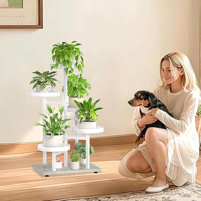 iDavosic.ly 5 Tier Plant Stand Indoor, Tiered Corner Metal Wood Multiple Flower Holder Shelf, Tall Orchid Display Rack for Patio Porch Living Room Balcony Outdoor, White