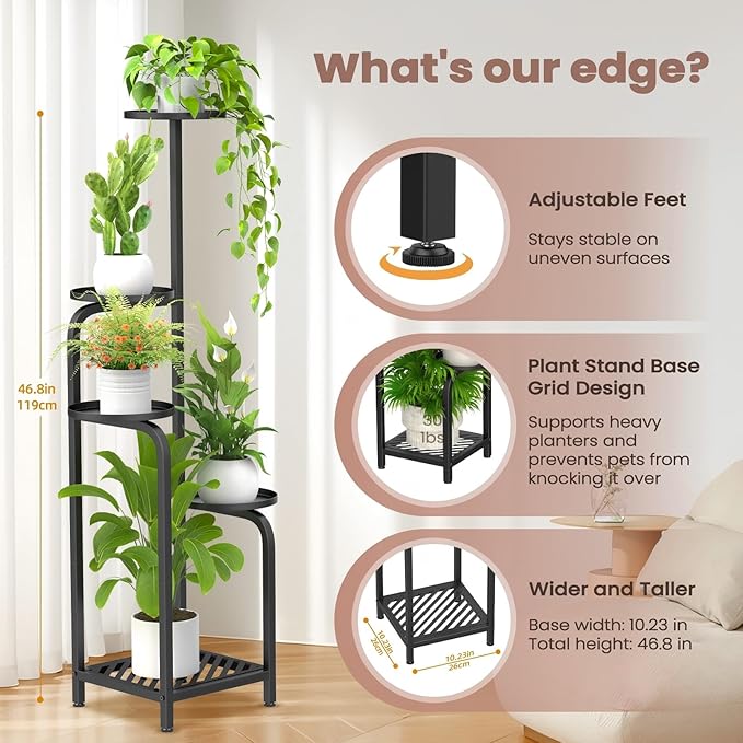 TOSKING 5 Tier Tall Plant Stand Indoor Outdoor, Heavy Duty Corner Shelf for Plants & Decor, Space Saving 3.9FT Metal Flower Pot Stand for Balcony, Garden, Living Room, Patio (Black, 47in)