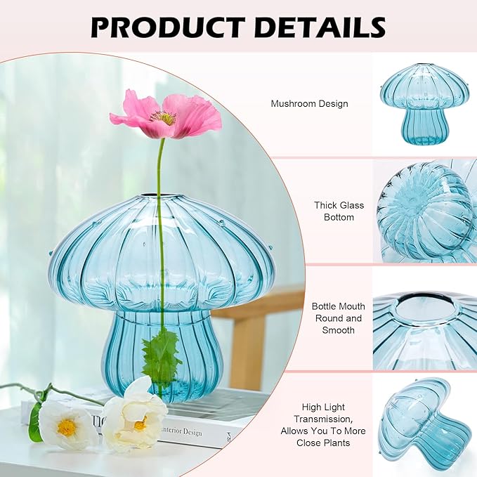 Mushroom Vase, Set of 6 Colored Glass Mushroom Propagation Vases for Plants, Mini Cute Flower Terrarium for Women Home Office Indoor Decor