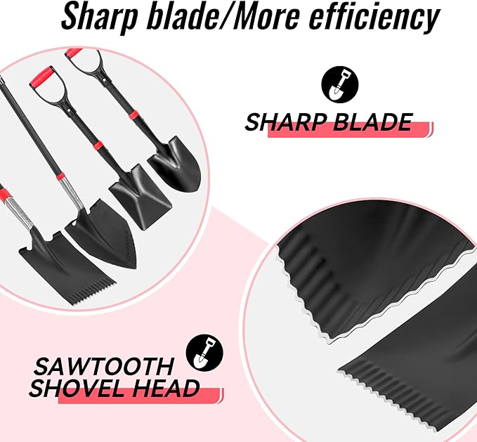 SHARK ATTACK 5-Piece Steel Shovel Spade Set with D-Grip Handles - Multi-Size Garden Shovels with Powder Coating for Digging, Planting & Car Emergency
