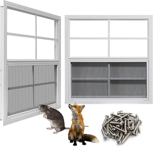 NeatiEase Upgraded Shed Windows 2 Pack, 24" x 24" Windows with Tempered Glass and Stainless Steel Screen for Shed, Chicken Coop, Playhouse, Household, Garage(White)