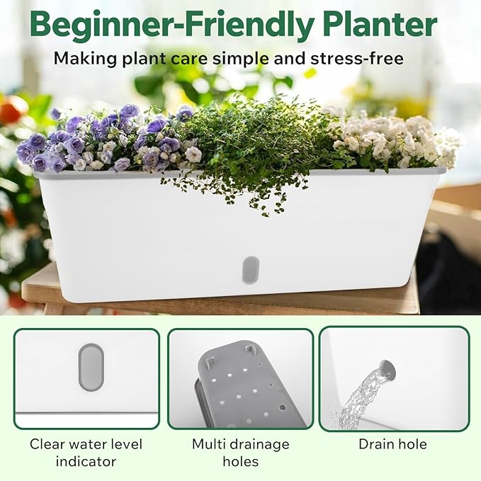 Self Watering Pots for Indoor Plants Outdoor, Rectangular Planter Window box 16.5 Inch 2 Pack, Water Level Window Prevents Overwatering for Herbs Strawberry Succulents Vegetable Basil Flower Garden