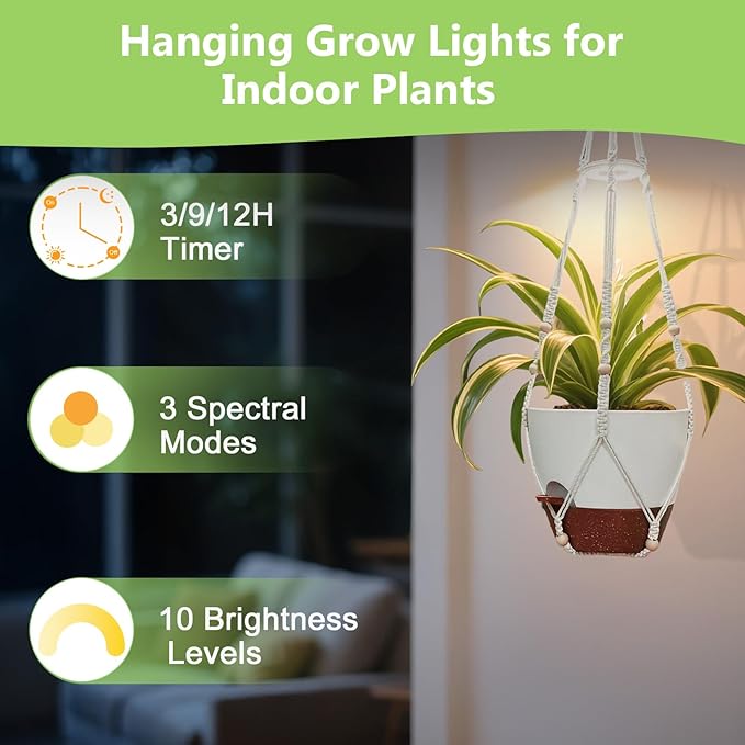 Hanging Planters for Indoor Plants: 2 Pack Macrame Plant Hangers with Grow Lights and Self-Watering Pots, 10 Inch Large Hanging Pots with Drainage Holes & Removable Tray
