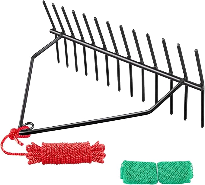32" Aquatic Weed Rake, 8.6" Steel Rod Lake Weed Cutter, One-Piece Welding, No Assembly Required, Pond Beach Landscaping, Perfect Tie Hole, 30ft Thicker Rope and Net