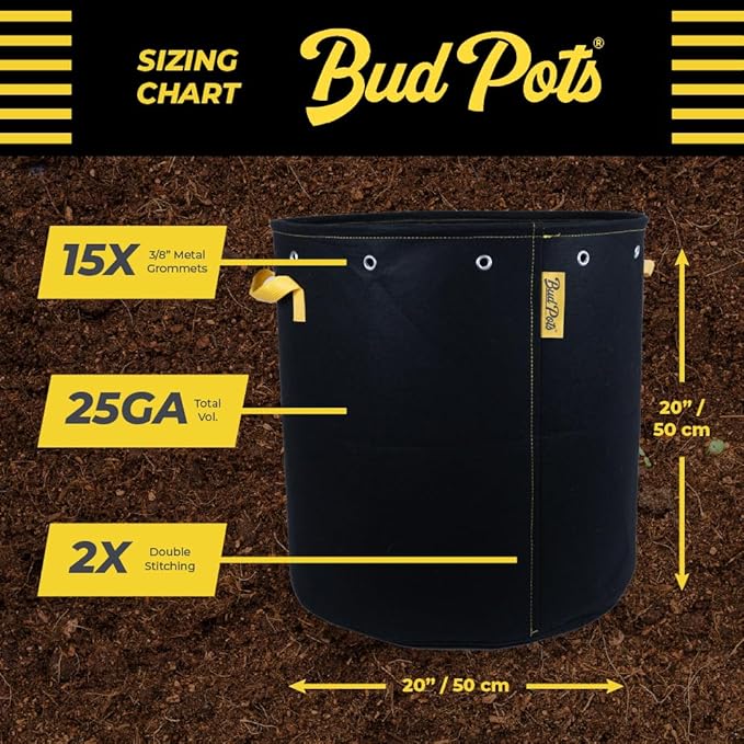 BudPots for Optimal Plant Growth | 25 Gallon Fabric Pots (94.5L) | 4-Pack | Metal Reinforced Rim - Sturdy & Never Collapses | Promotes Dense & Healthy Roots | Low Stress Training | Reusabe