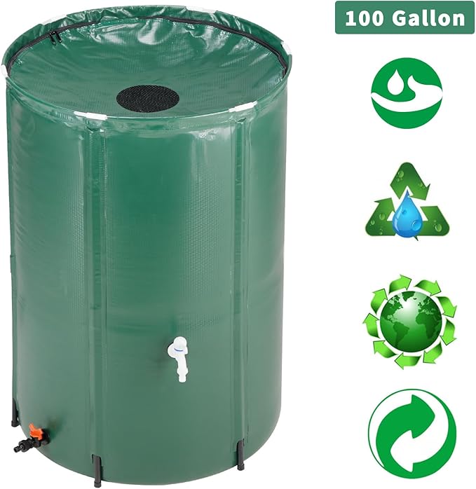 100 Gallon Collapsible Rain Barrel, Water Storage Tank, Portable Rainwater Collection System, Rain Catcher Barrel with Two Spigots and Overflow Kit, Rain Water Barrel Collector for Garden, Green