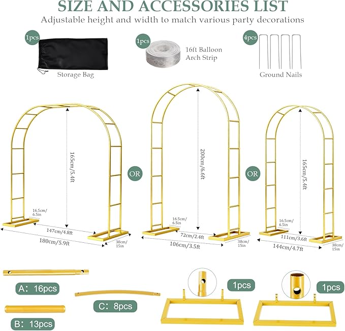 Wedding Arch 6.6FTx3.5FT, Garden trellis for climbing plants outdoor, Gold Metal Pergola Arbors for Flower Arch Archway, Assemble Freely 3 Sizes for Party Decoration,Garden Wide Arbor Trellis