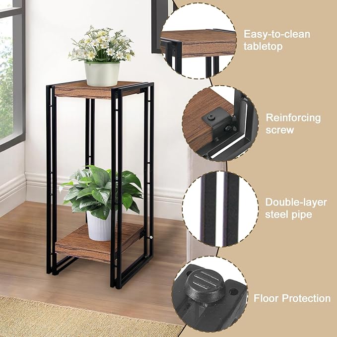 27.5 inch Tall Plant Stand Table, 2 Tier Plant Shelves Indoor Flower Pots Stand Holder Modern Corner Plant Stand Rack Shelves Square Plant Tables for Office Living Room, Balcony, Brown